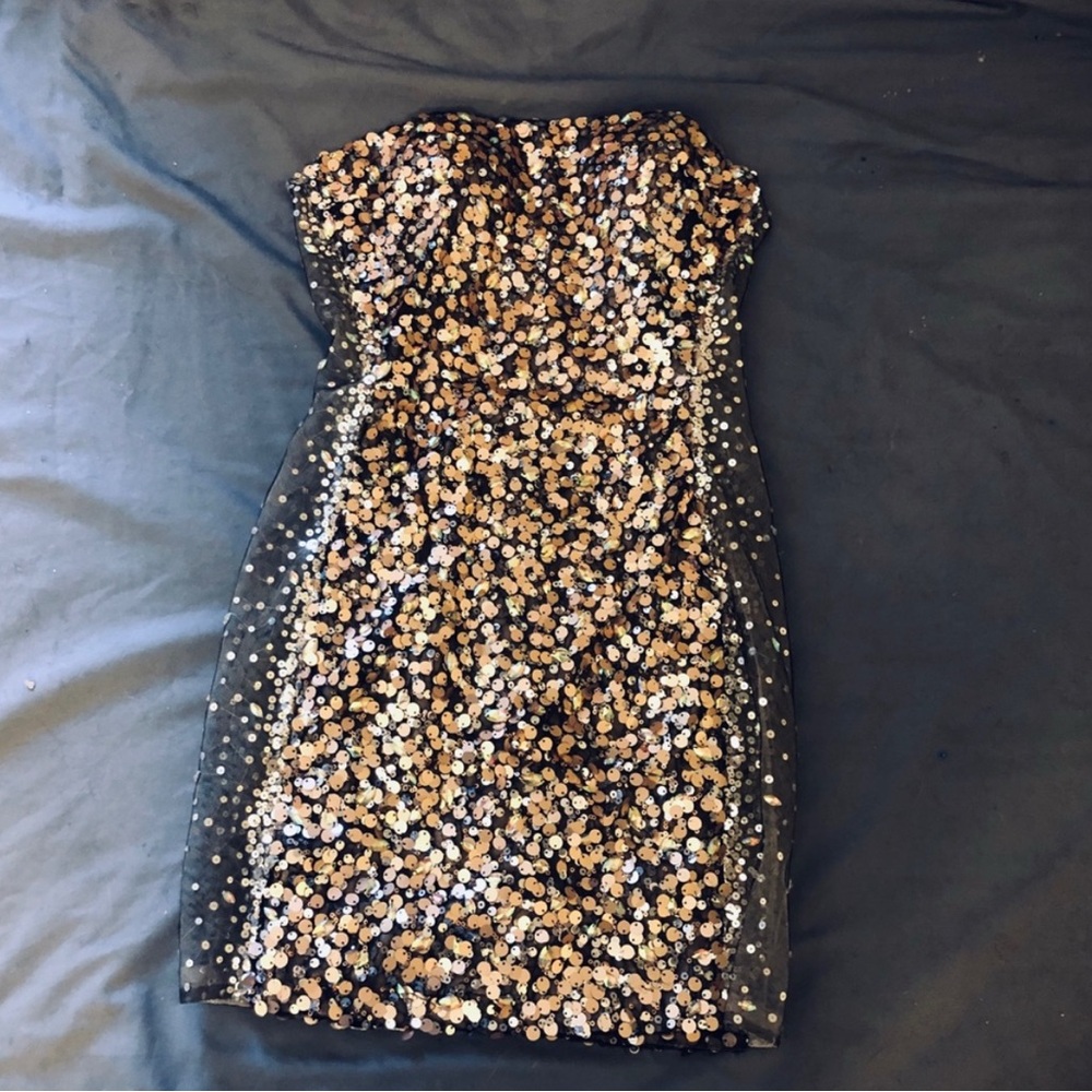 Temptations Blue and Silver Sequin Strapless Cocktail Dress